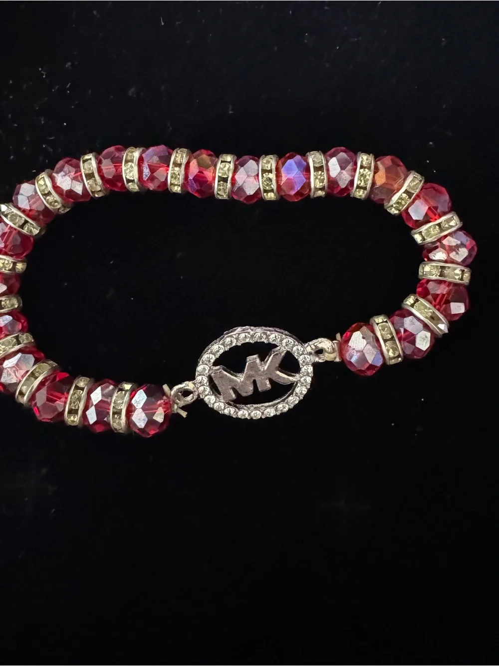 Michael Kors Gold-Tone and Red Rhinestone and Crystal MK Charm Stretch Bracelet